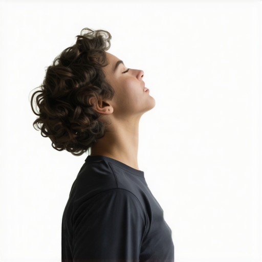 Person performing neck stretches in a calm, home setting to reduce tension.