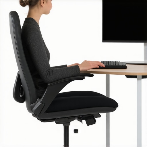 An ergonomic office workspace with adjustable chair, monitor, and footrest to promote healthy posture.
