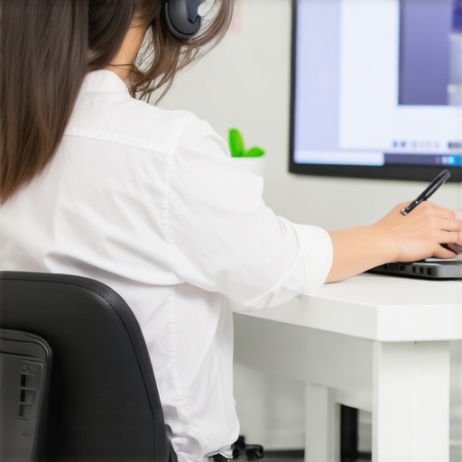 An ergonomic office setup showing proper chair and monitor positioning to prevent sciatica