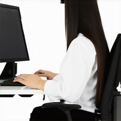 Person sitting with proper ergonomic posture at a work desk, supporting spinal health