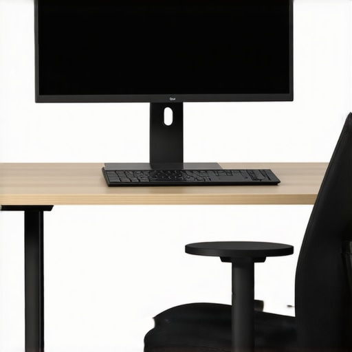 A well-designed ergonomic workspace with supportive chair, correct monitor height, and lumbar support to promote back health.