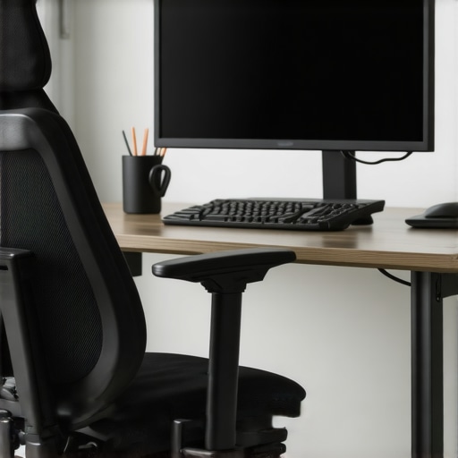 Ergonomic Workspace for Sciatica Prevention A well-arranged ergonomic workspace with adjustable desk and supportive chair to promote spinal health.