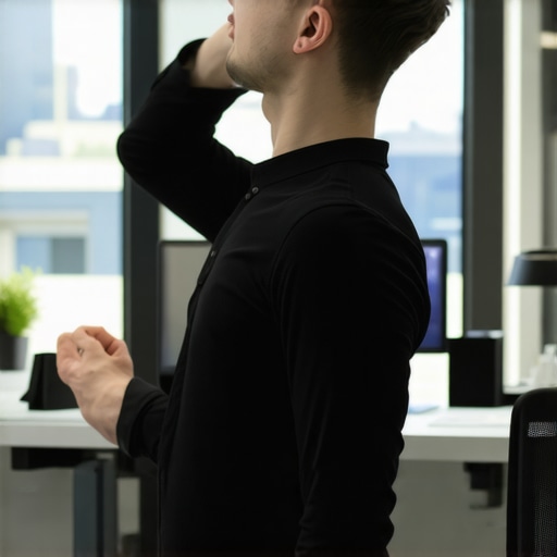 Person performing neck stretches at ergonomic desk to reduce pain