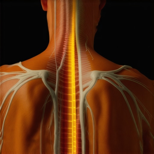 Illustration showing fascia, muscles, and nerves in the back with focus on neural pathways