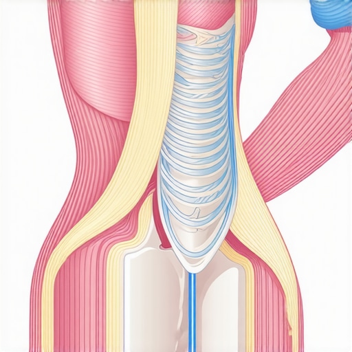 Illustration of fascia layers with adhesion sites and release points for back pain relief