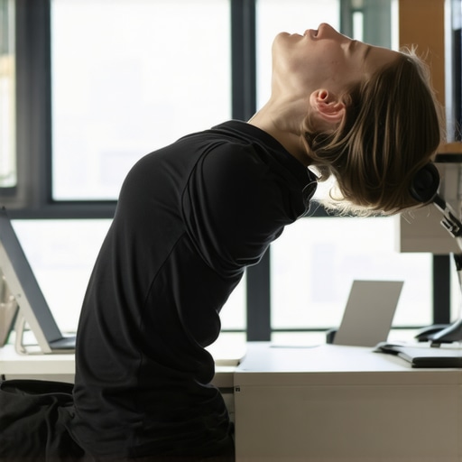 Person doing neck stretch at ergonomic desk to relieve pain
