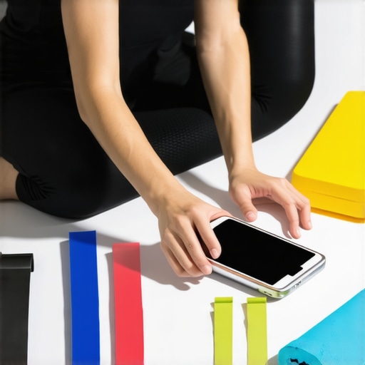Person working at ergonomic desk with foam roller and resistance bands