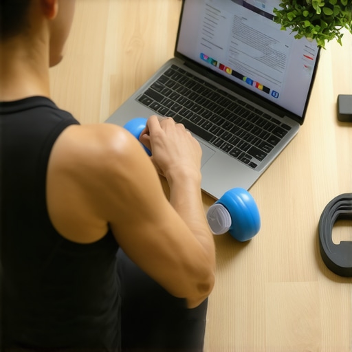 Person using foam roller, posture device, resistance bands, and ergonomic workspace setup for back and neck health