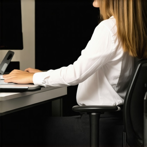 Person sitting correctly at an ergonomic desk, supporting back and neck