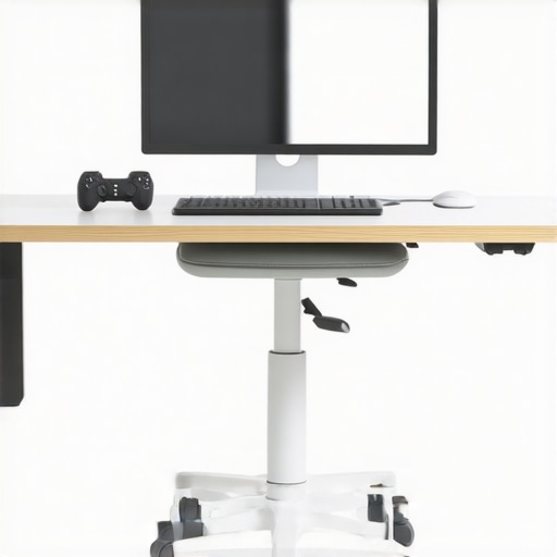 A modern ergonomic workspace with adjustable desk, supportive chair, foam roller, and posture device