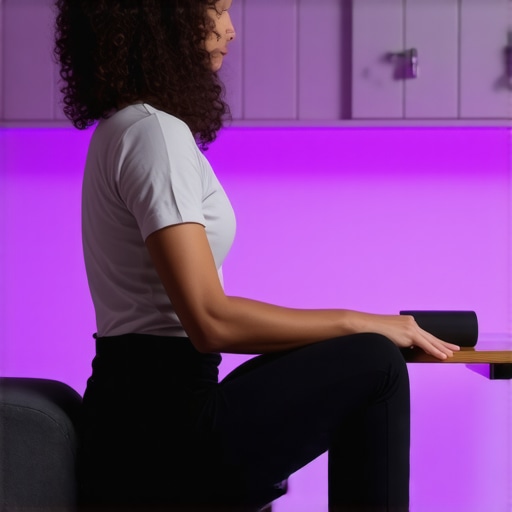 Individual employing foam roller and ergonomic cushion to enhance back and neck mobility