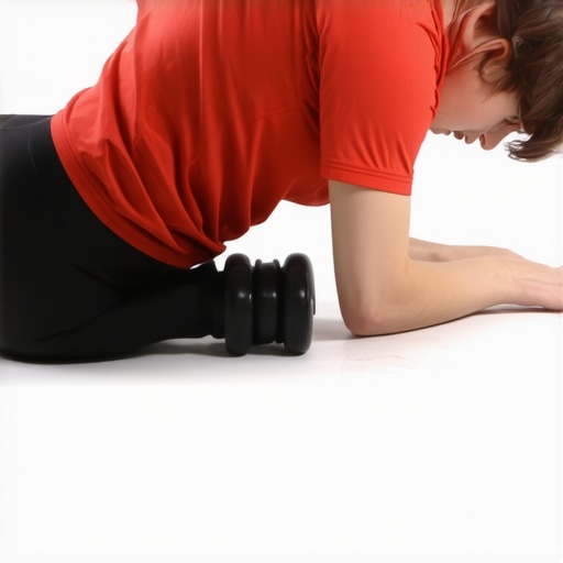 Individual rolling out their lower back with a foam roller at a modern desk setup.