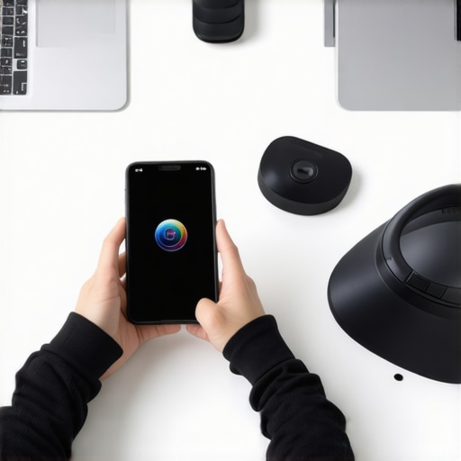 Person checking posture app on phone with ergonomic desk setup