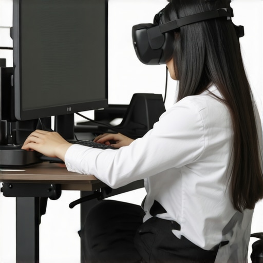 Person adjusting their desk for ergonomic VR gaming with correct neck alignment