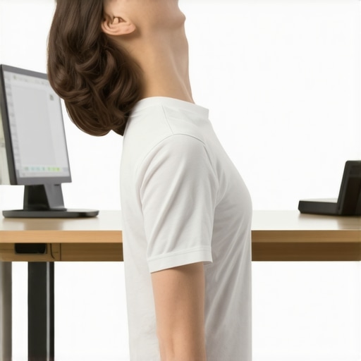 Gentle neck stretches for mobility Person stretching neck in a relaxed posture at a desk