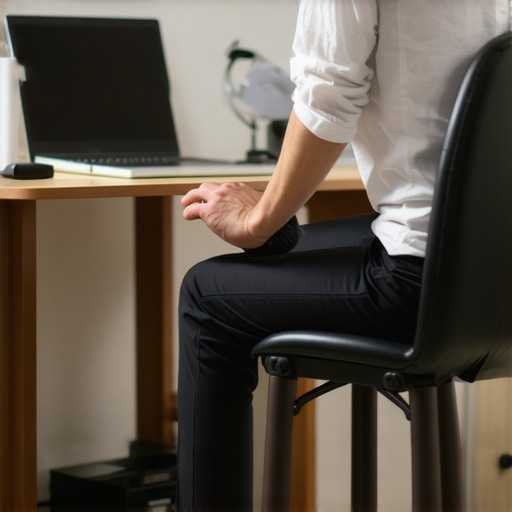 Person adjusting ergonomic chair and using foam roller for mobility