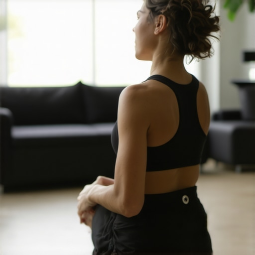 Person doing hip circles and stretches for mobility in a cozy home environment.