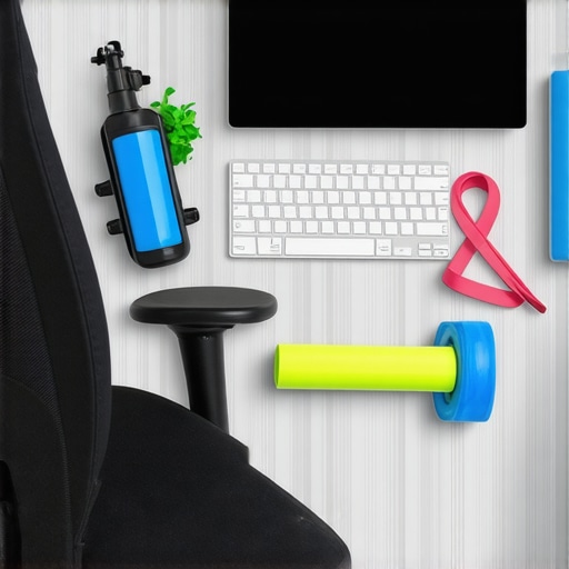 A modern ergonomic workspace equipped with mobility tools for back and neck health.