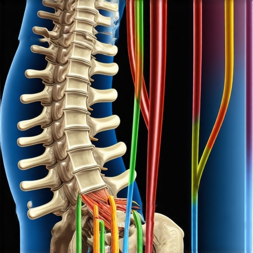 Understanding the complexities of spinal health and nerve pathways An educational diagram of the human spine with nerves and muscles highlighted, emphasizing advanced biomechanics.