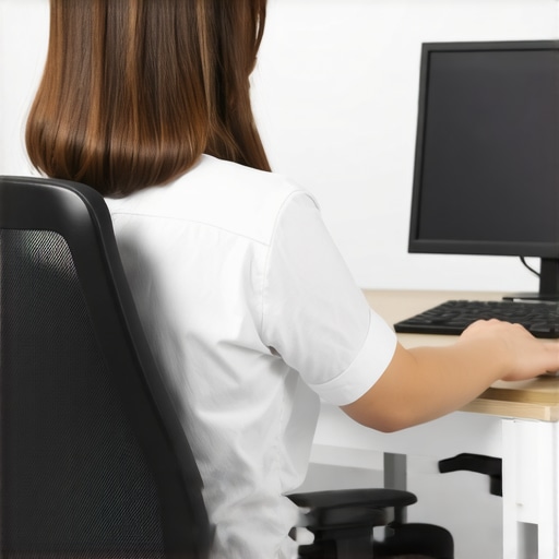 Person setting up ergonomic workspace with chair and monitor at suitable height