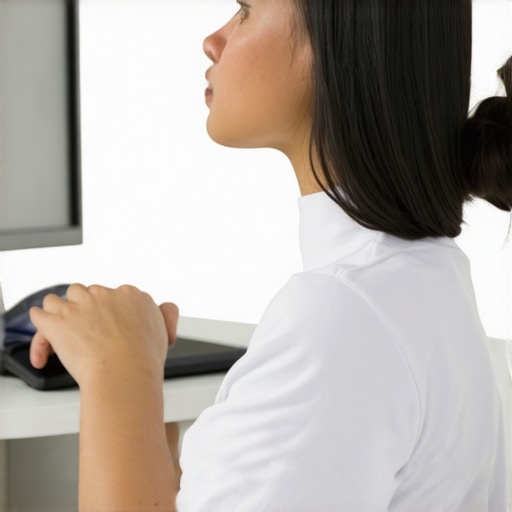 Individual stretching neck at ergonomic workspace to relieve tension