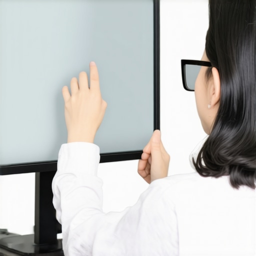 Person adjusting ergonomic glasses at a desk with monitor at eye level, promoting good posture.