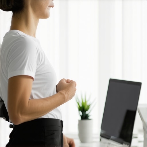Smart Posture Trainer in Use Individual wearing a smart posture device at their desk, improving back alignment