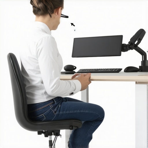 A contemporary ergonomic workspace featuring a sit-stand desk, adjustable chair, and posture sensors