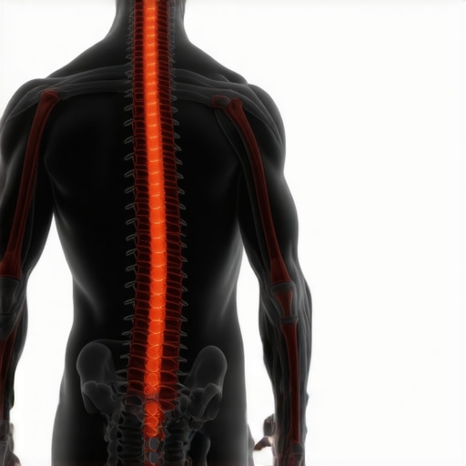 Diagram illustrating neural pathways, fascia, and spinal anatomy involved in back pain and sciatica