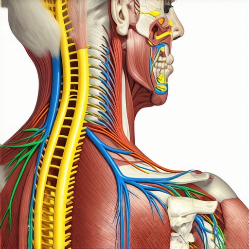 Anatomy of Neck and Back Pain A detailed anatomy diagram showing nerves and muscles in the neck and back, illustrating common pain points.