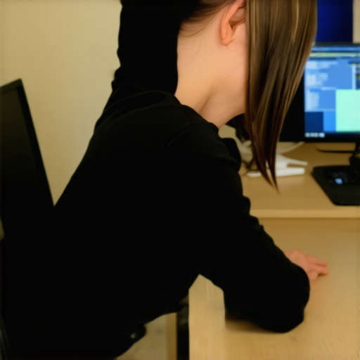 Person stretching neck muscles in an office setup with ergonomic accessories