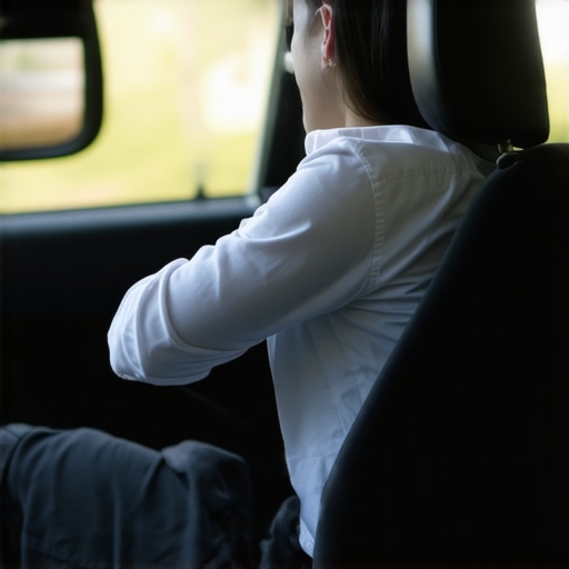 Individual adjusting car seat and mirror to promote proper spinal alignment during driving.