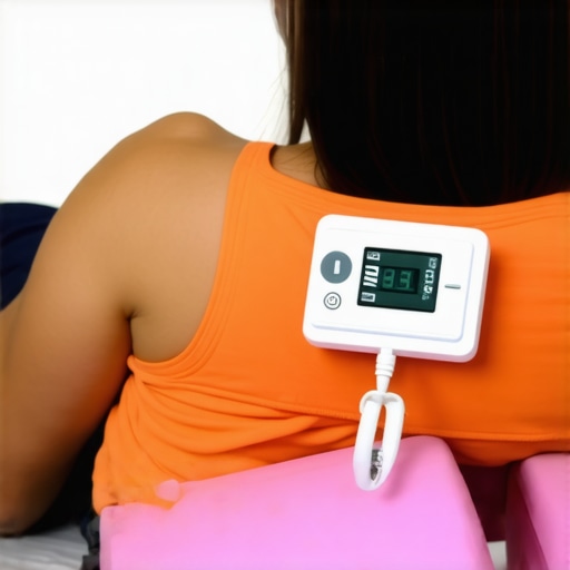Person applying TENS therapy on lower back with foam roller and wearing a posture sensor