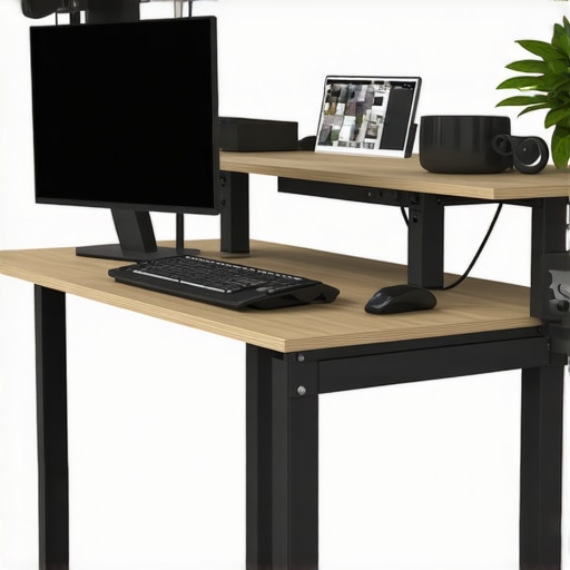 A person adjusting their standing desk with ergonomic accessories for better back health