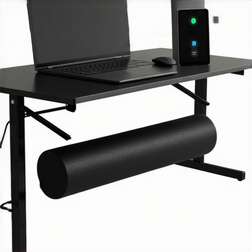 A person working at an adjustable standing desk with foam roller and a smartphone app for mobility exercises.