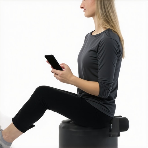 Person with supportive ergonomic chair, foam roller, and posture app