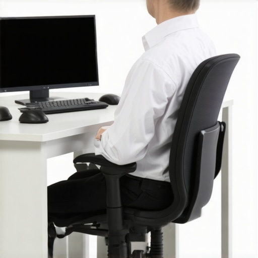 A modern ergonomic office workspace showing proper chair height and posture