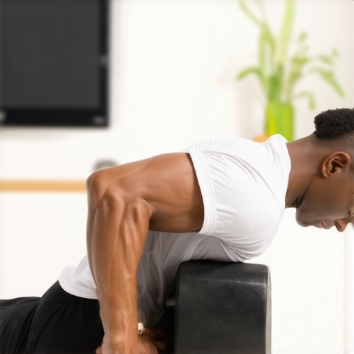 Individual rolling out lower back muscles with foam roller in a gym