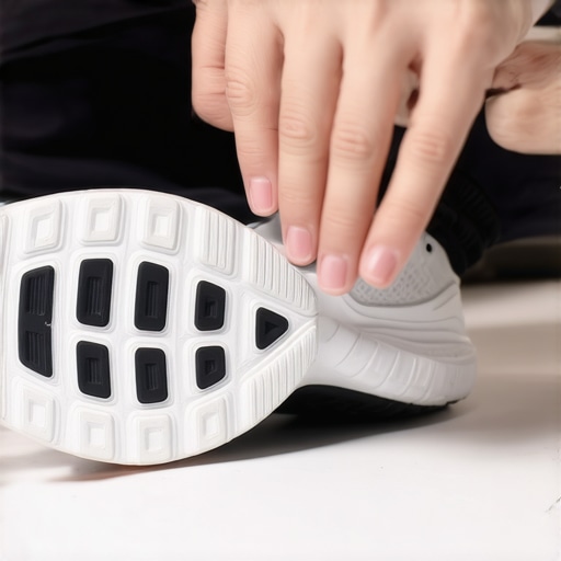 Close-up of a person's hand checking the sole of athletic shoes for signs of wear.