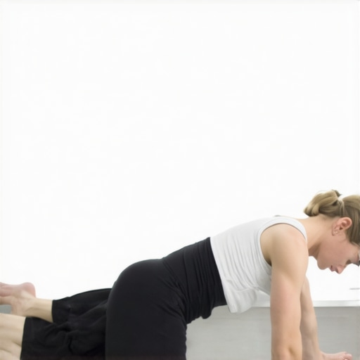 Person lying on back doing pelvic tilt exercise to improve pelvic alignment and back mobility.