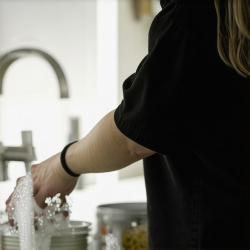 Person washing dishes while standing with feet shoulder-width apart, using ergonomic tools, maintaining straight back and relaxed shoulders.