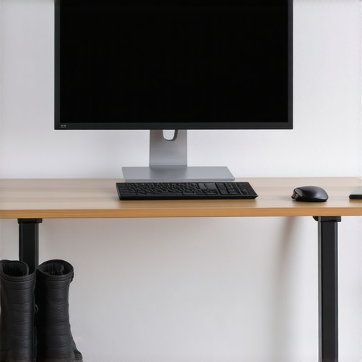 Illustration of an ergonomic standing desk with adjustable features, supportive footwear, and monitor positioning for back health