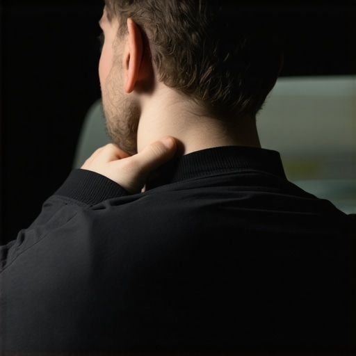 Person adjusting a car headrest to support their neck properly.