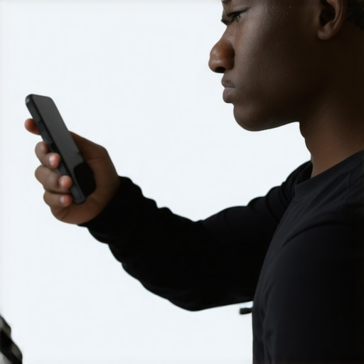 Person using a phone on a stand at eye level to avoid neck pain.
