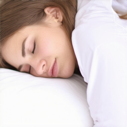 Person sleeping on side with pillow supporting neck and knees in proper alignment