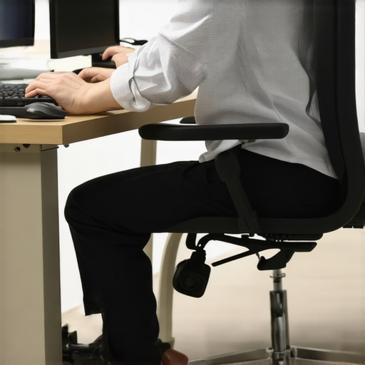 Illustration of ergonomic sitting posture showing correct hip, knee, and back alignment.