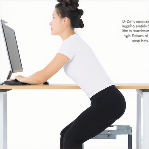 Illustration of a person doing pelvic tilts and neck stretches at their workspace