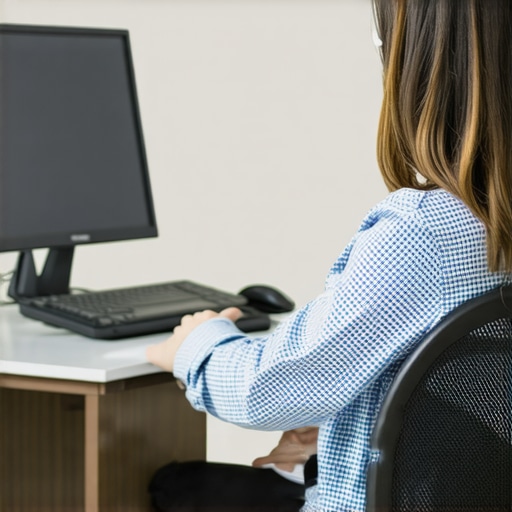 Proper ergonomic desk setup Person adjusting chair and monitor for ergonomic sitting