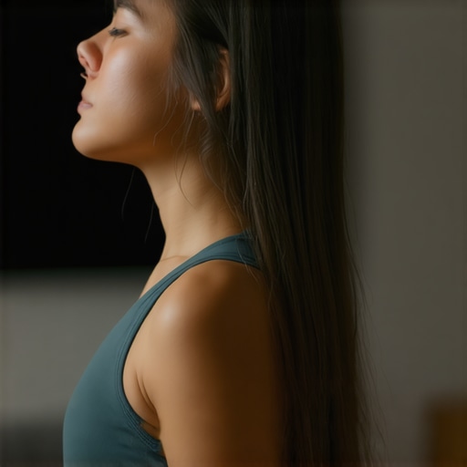 Individual practicing neck and shoulder mobility stretches in a comfortable home environment.