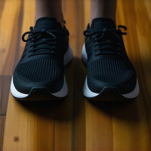 A pair of running shoes highlighting arch support and cushioning placed on a wooden surface.
